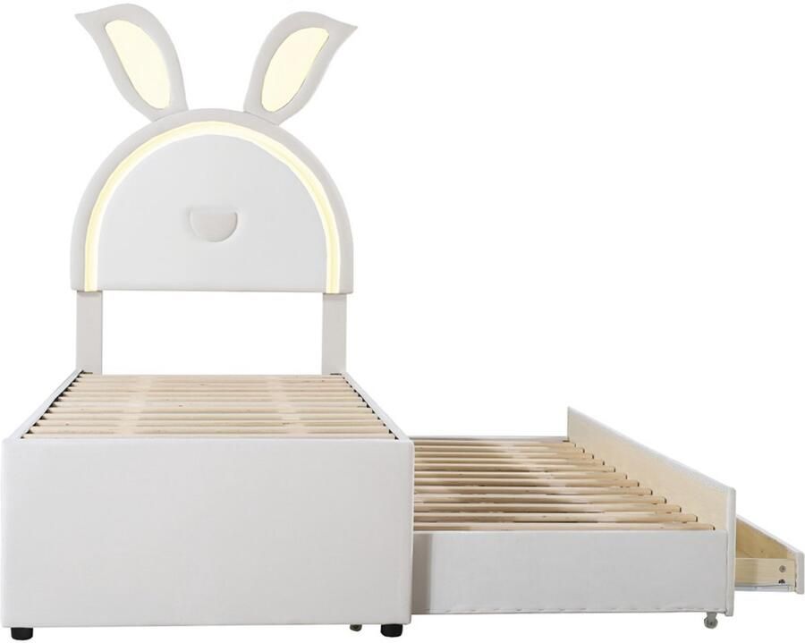 Kinderbed Gestoffeerd bed Eenpersoonsbed 90x200cm Zonder matras Met LED-verlichting met veranderende kleuren uittrekbaar bed en 3 lades Hoofdeinde met speciaal konijnenontwerp Huidvriendelijke zachte fluwelen stof Beige