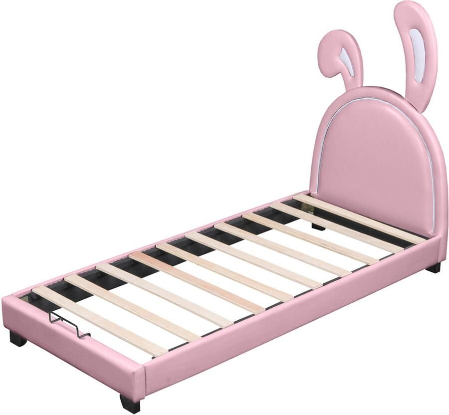 Kinderbed Gestoffeerd bed Eenpersoonsbed 90x200cm Zonder matras Stijlvol klassiek hoofdbord in konijnvorm Stevig houten bedframe Geschikt voor kinderkamer roze