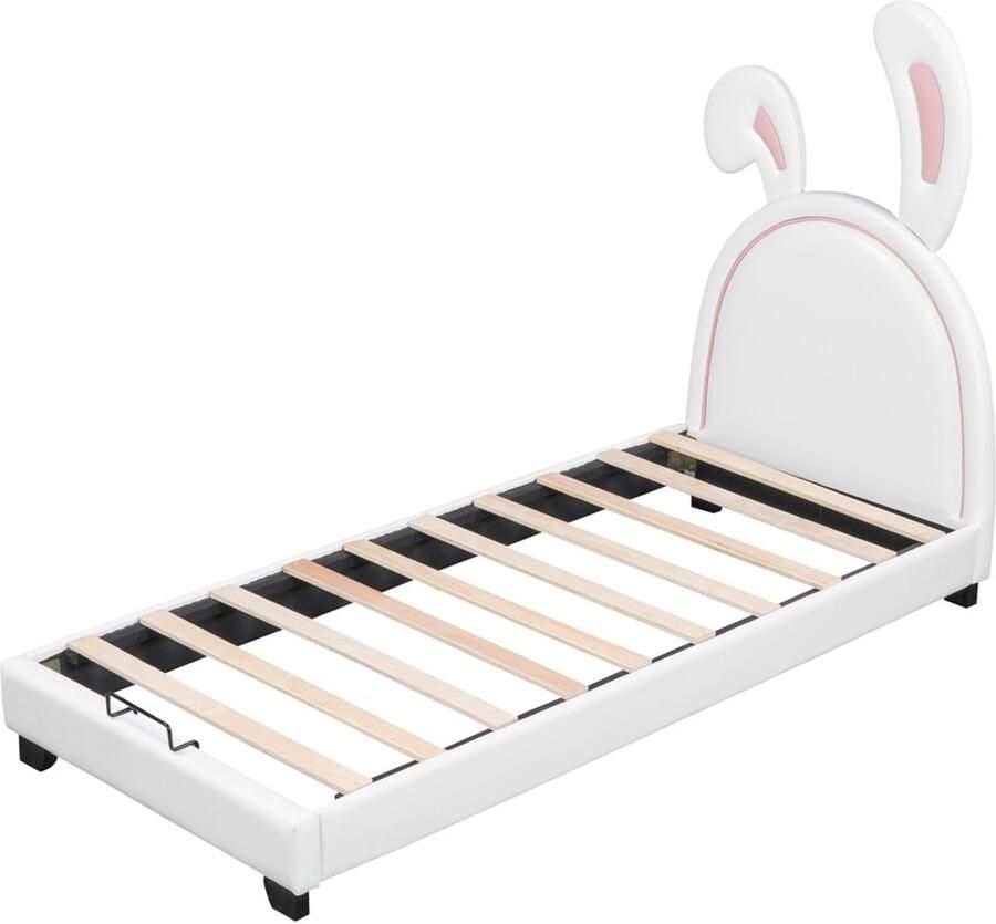 Kinderbed Gestoffeerd bed Eenpersoonsbed 90x200cm Zonder matras Stijlvol klassiek hoofdbord in konijnvorm Stevig houten bedframe Geschikt voor kinderkamer wit