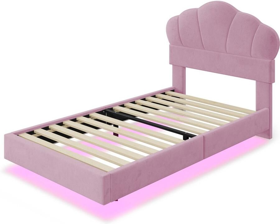 Kinderbed gestoffeerd eenpersoonsbed 90x200cm zonder matras met kleurveranderende LED-verlichting speciaal wolkenvormig hoofdbord verborgen poten voor zwevend effect roze