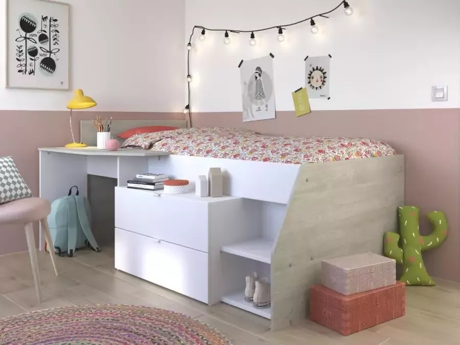 Kinderbed GISELE met bureau opbergruimte matras en bedbodem Wit & eiken 90 x 200 cm L 203 cm x H 90 cm x D 135 cm