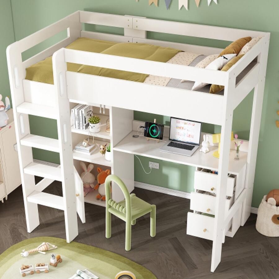 Kinderbed hoogslaper met USB-C bureau kledingkast en archiefkast jeugdbed eenpersoonsbed met trap en lattenbodem opbergruimte 90×200 zonder matras