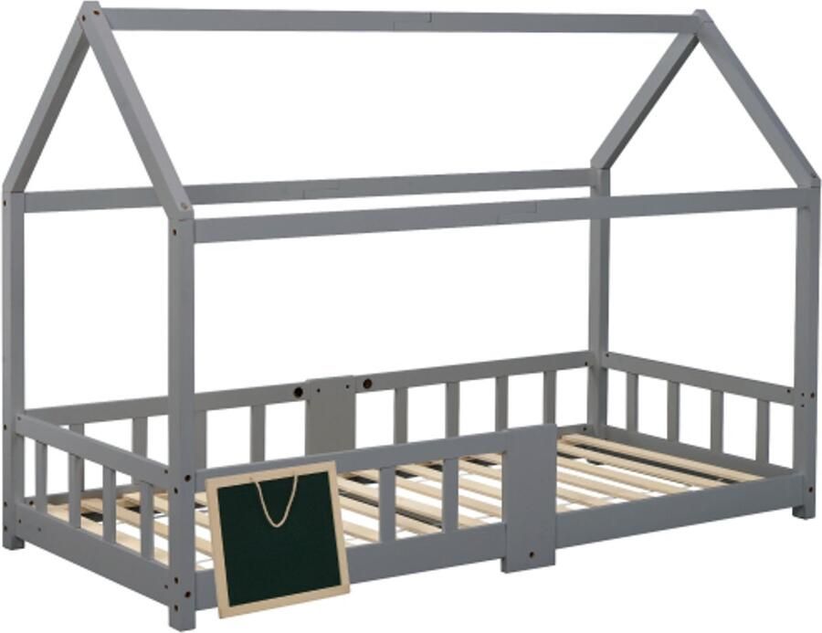Kinderbed huisbed 90 x 200 cm houten bed voor kinderkamers inclusief krijtbord en lattenbodem gemaakt van grenenhout grijs (zonder matras)