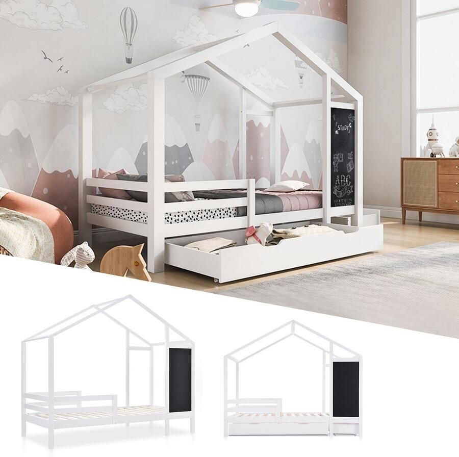 Kinderbed Huisbed 90x200 cm Houten Bed met Bord en 2 Lades Massief Hout met Hek en Lattenbodem Wit (Zonder Matras)