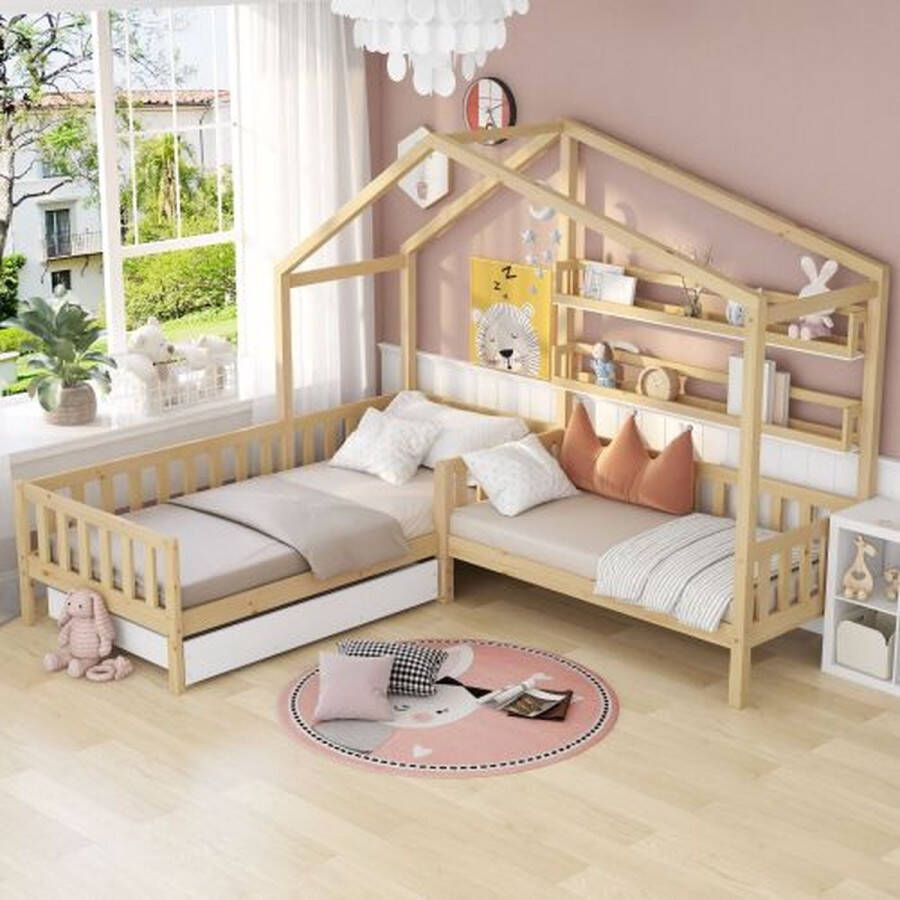 Kinderbed huisbed met lades en planken-massief hout met hek en lattenbodem- L-structuur naturel (90x200 cm+140x70cm)