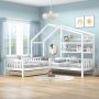 Kinderbed huisbed met lades en planken-massief hout met hek en lattenbodem- L-structuur wit (90x200 cm+140x70cm) - Thumbnail 2