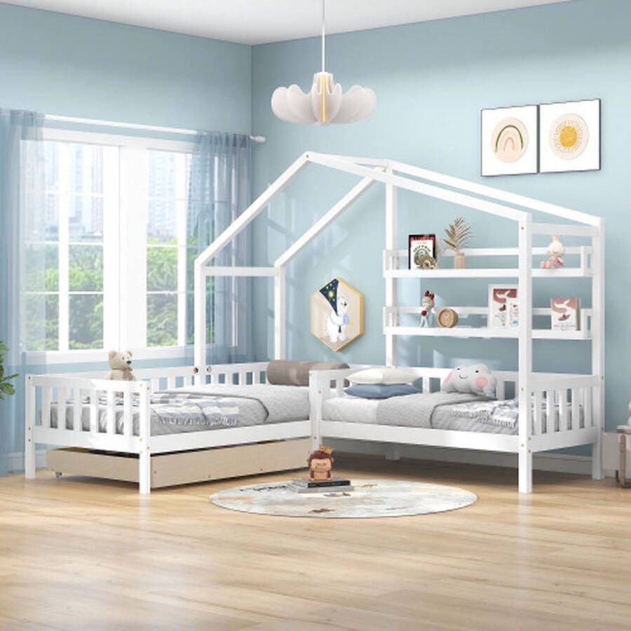 Kinderbed huisbed met lades en planken-massief hout met hek en lattenbodem- L-structuur wit (90x200 cm+140x70cm)