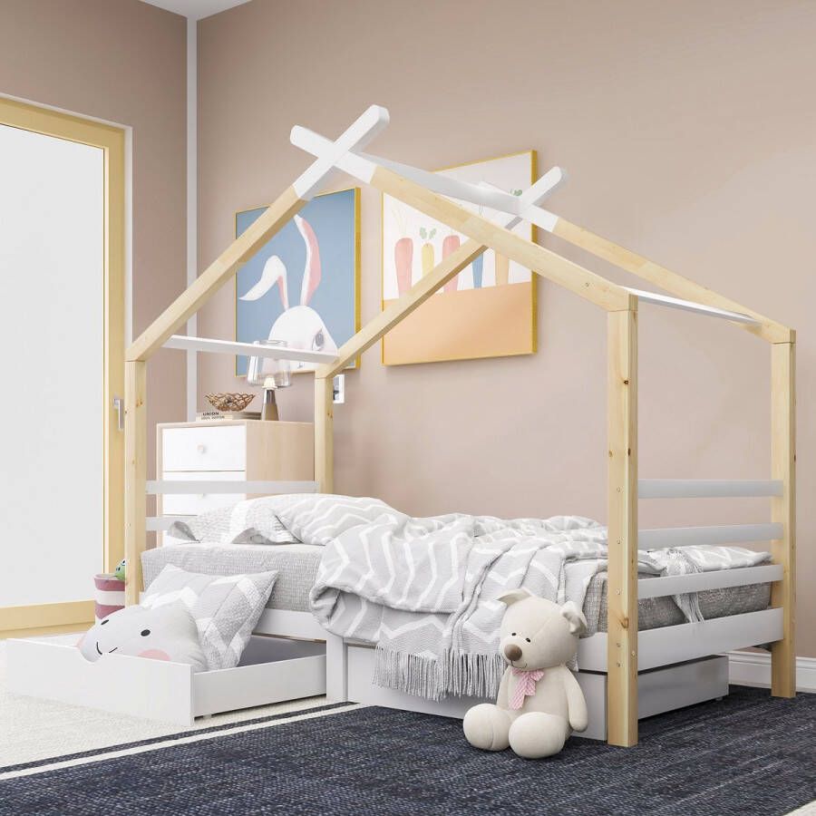 Kinderbed huisbed met lades massief hout met lattenbodem grenenhouten huisbed kinder- en tienerkamer wit + houtkleur (90x200cm)