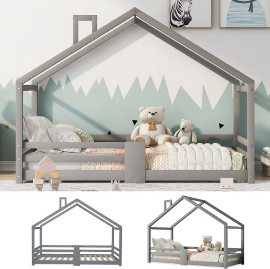 Kinderbed huisbed met schoorsteenvalbeveiliging robuuste lattenbodem grenenhouten huisbed voor kinderen 90 x 200 cm zonder matras grijs
