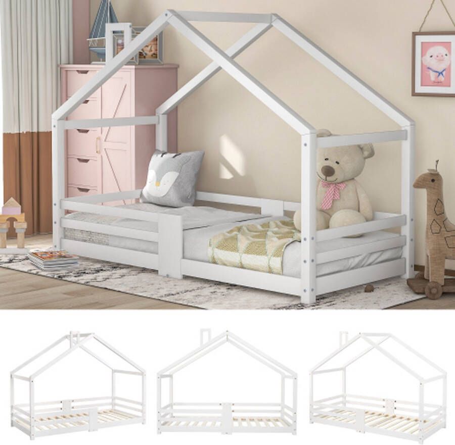 Kinderbed huisbed met schoorsteenvalbeveiliging robuuste lattenbodems grenenhouten huisbed voor kinderen 90 x 200 cm zonder matras wit
