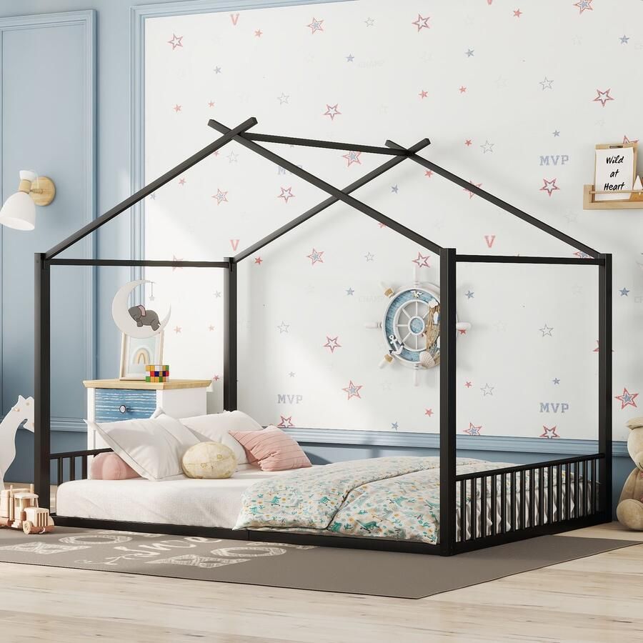 Kinderbed ijzeren bed minimalistische stijl kinderbed met huisthema zwart 140x200 cm