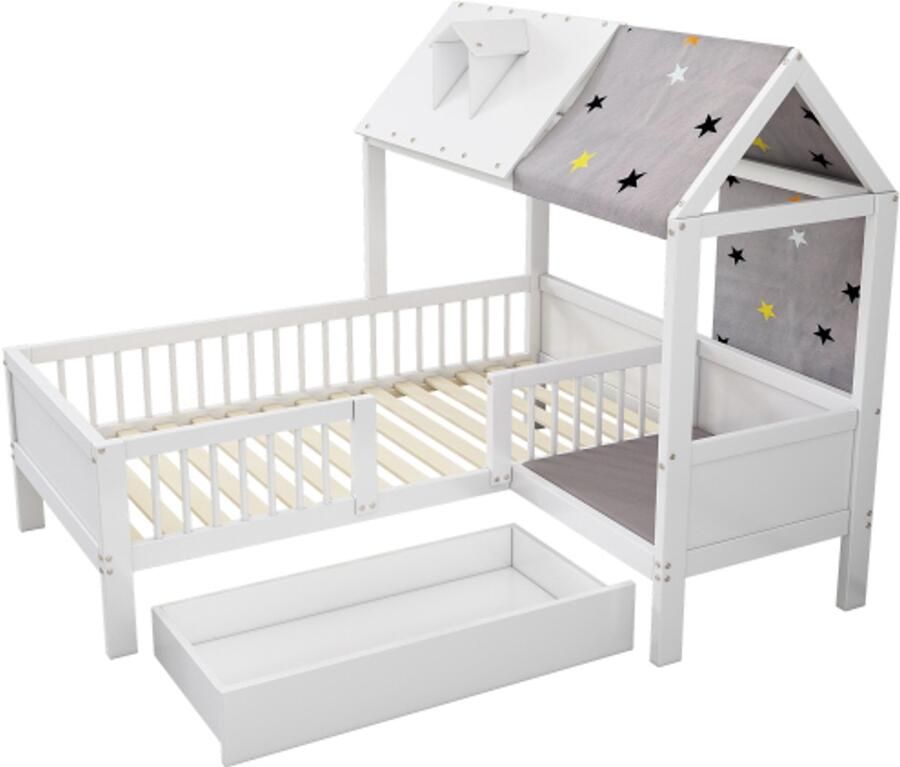 GOTAGEE Kinderbed in de vorm van een huis 90x200cm van hout eenpersoonsbed multifunctioneel met tentdoek lades eronder zonder matras wit