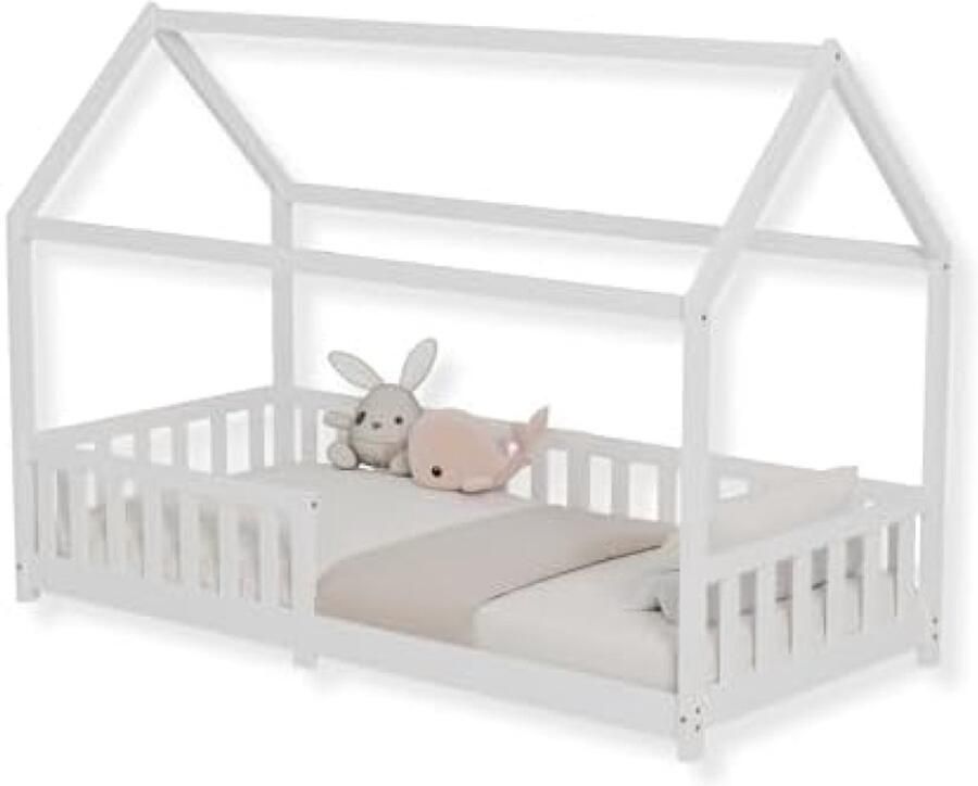 Kinderbed in huisvorm met valbescherming en lattenbodem Wit ledikant voor kinderen vanaf 3 jaar 80x160 cm en 90x200 cm matrasmaten