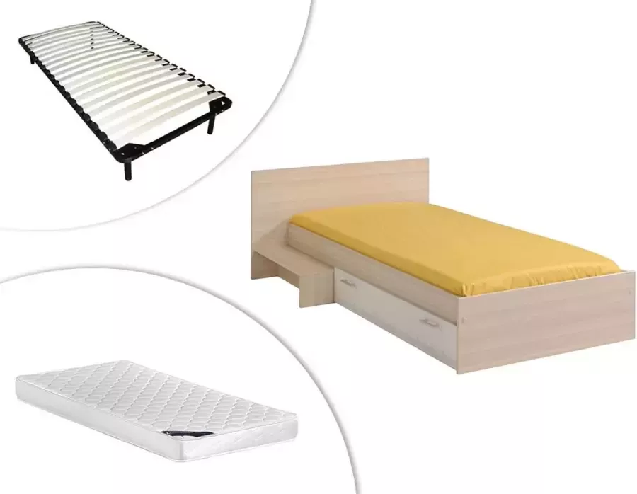 Vente-unique Kinderbed 1 lade 90 x 190 cm Eikenkleur & wit + bedbodem + matras IPLIA L 193 cm x H 66.6 cm x D 121 cm - Foto 3