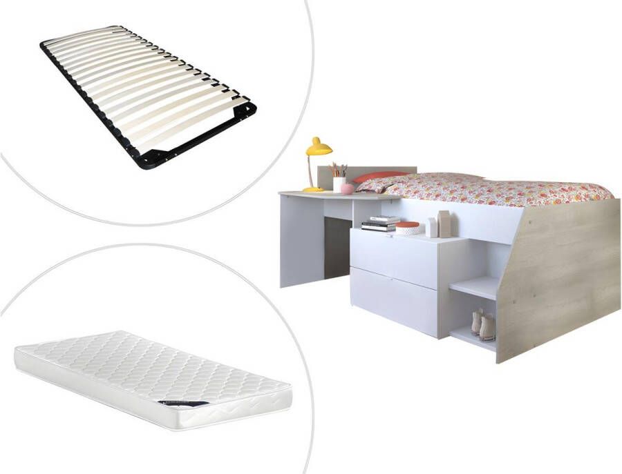 Kinderbed met bureau opbergruimte matras en bedbodem Wit & eiken 90 x 200 cm GISELE L 203 cm x H 90 cm x D 135 cm