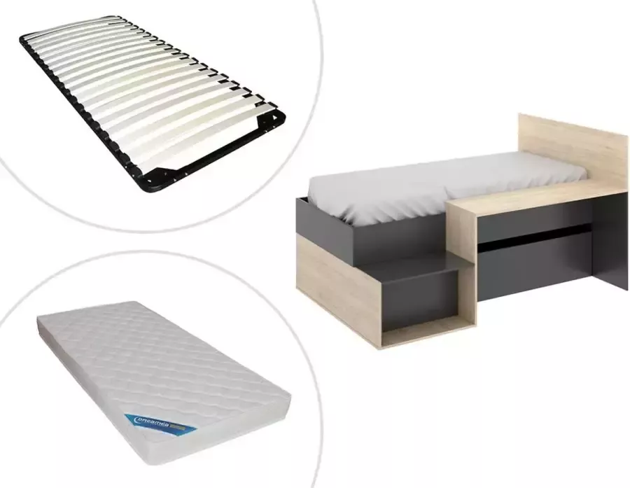 Kinderbed met opbergruimte en bureau LISON 90 x 190 cm Antraciet en eiken + Bedbodem en matras L 195 cm x H 110 cm x D 135 cm