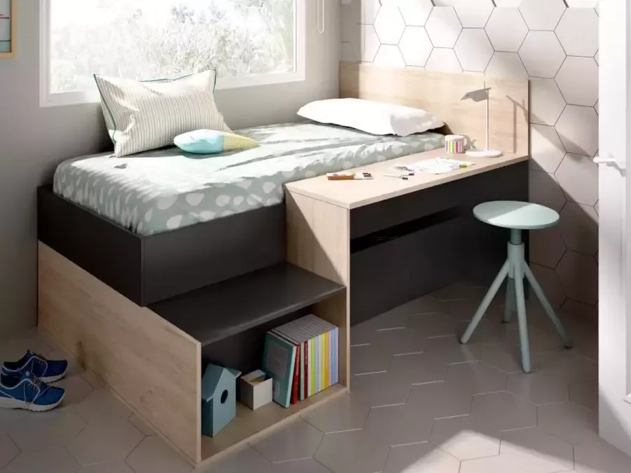 Kinderbed met opbergruimte en bureau LISON 90 x 190 cm Antraciet en eiken L 195 cm x H 110 cm x D 135 cm
