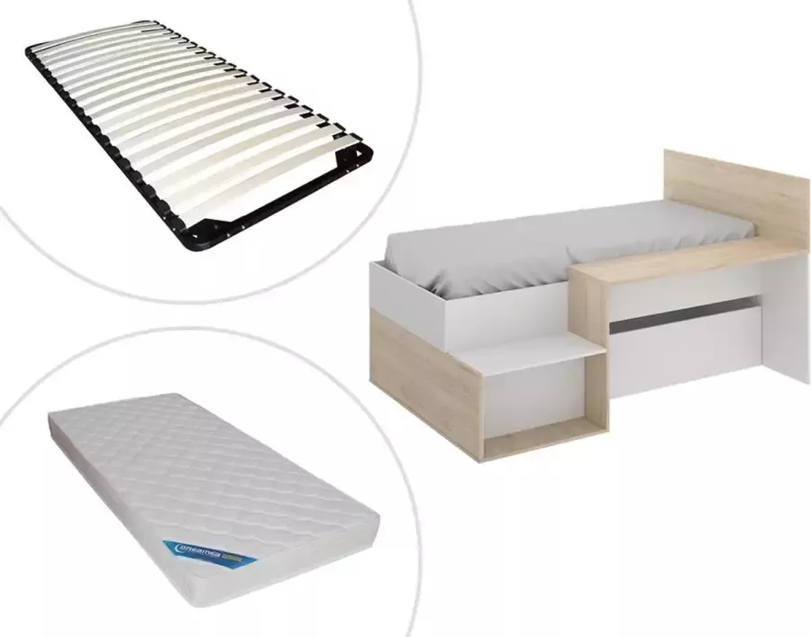 Kinderbed met opbergruimte en bureau LISON 90 x 190 cm Wit en eiken + Bedbodem en matras L 195 cm x H 110 cm x D 135 cm