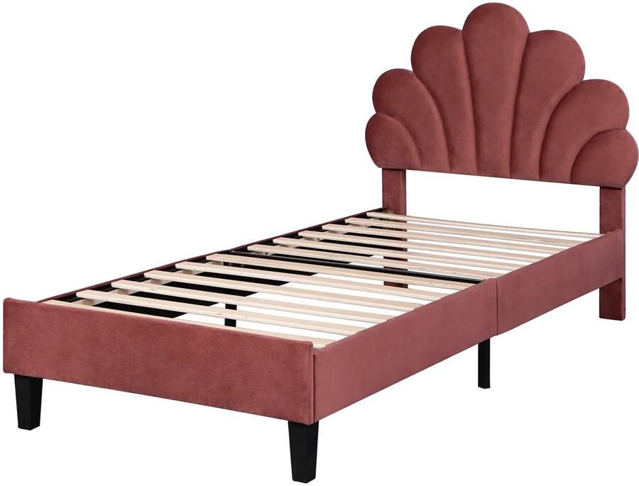 Cleo Kinderbed Peuterbed Kinderbedden 90x200 Gestoffeerd Incl. lattenbodem Fluwelen stof Bordeaux rood