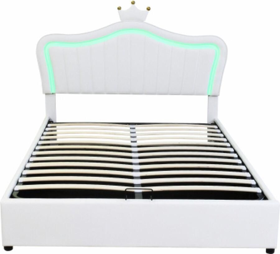 Gotagee Kinderbed Polsterbed Hydraulisch Opslagbed Eenpersoonsbedframe voor Meisjes met Roze Kroon van PU-Leder met LED-Verlichting Lattenbodem en Rugleuning
