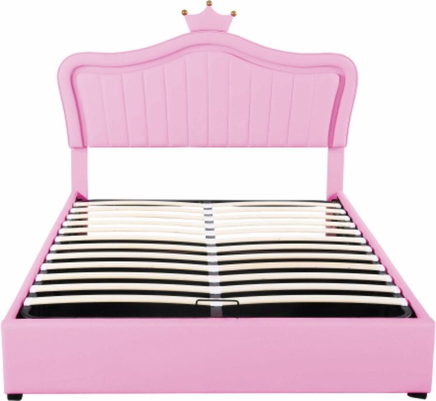 Gotagee Kinderbed Polsterbed Hydraulisch Opslagbed Eenpersoonsbedframe voor Meisjes met Roze Kroon van PU-Leder met LED-Verlichting Lattenbodem en Rugleuning