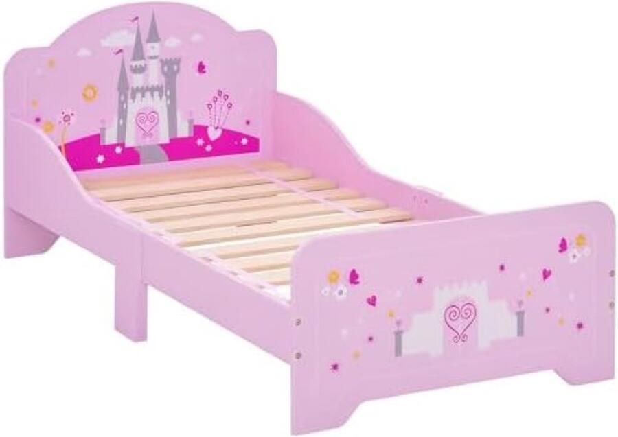 Kinderbed Prinses Kasteel Design Roze Meisjesbed met Lattenbodem MDF Multiplex Constructie Veilig Peuterbed met Zijbescherming