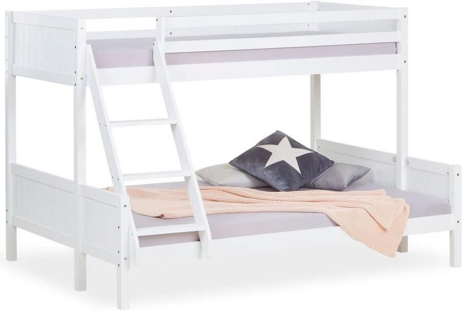 Kinderbed stapelbed 2 kinderen 90x200 en 140x200 hoogslaper wit bedframe