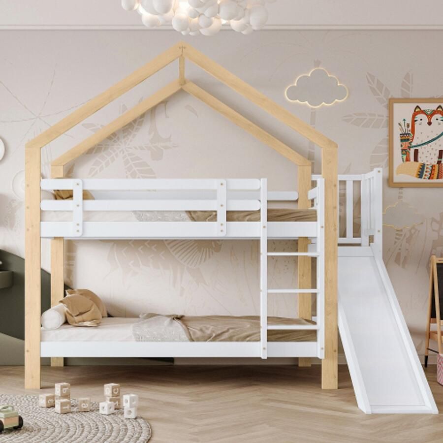 Kinderbed Stapelbed met glijbaan en drietraps hoekladder Huisbed met valbeveiliging bedframe van massief hout Wit en natuurlijk 90x200cm