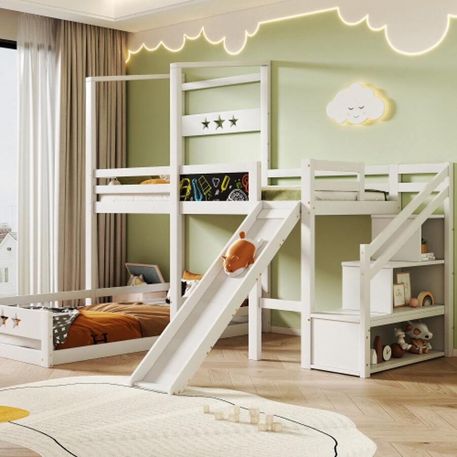 Kinderbed stapelbed met plank en glijbaan trap met opbergruimte 90x200 cm eenpersoonsbed met valbeveiliging hoogslaper voor kinderen 2x lattenbodem wit