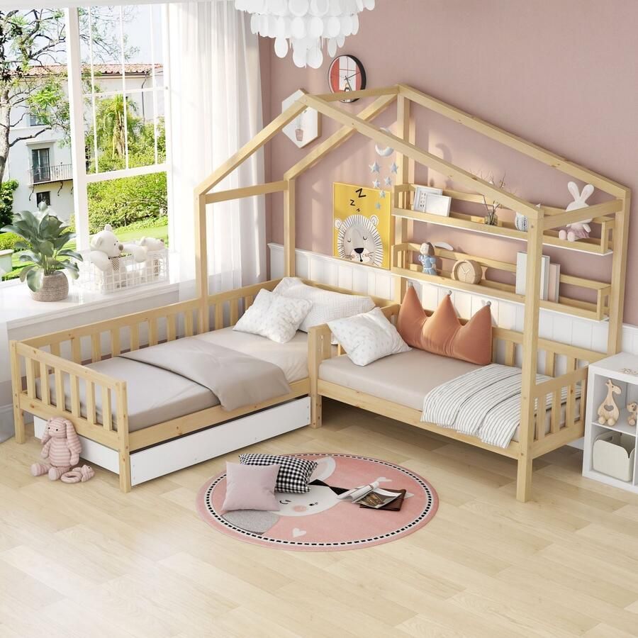 Sweiko Kinderbed Stapelbed Huisbed met lades en planken massief hout met hek en lattenbouw L-structuur Natuurlijk (90x200cm+140x70cm)