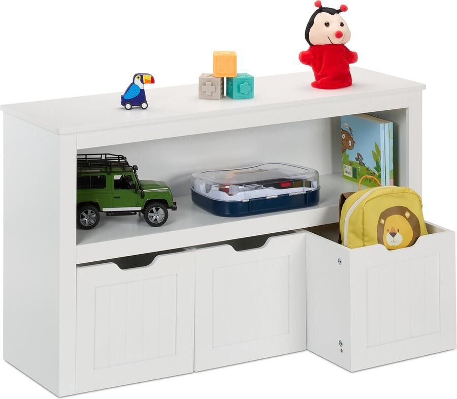 Relaxdays kinderboekenkast 3 bakken met wieltjes 60 x 102 x 30 cm speelgoedkast wit