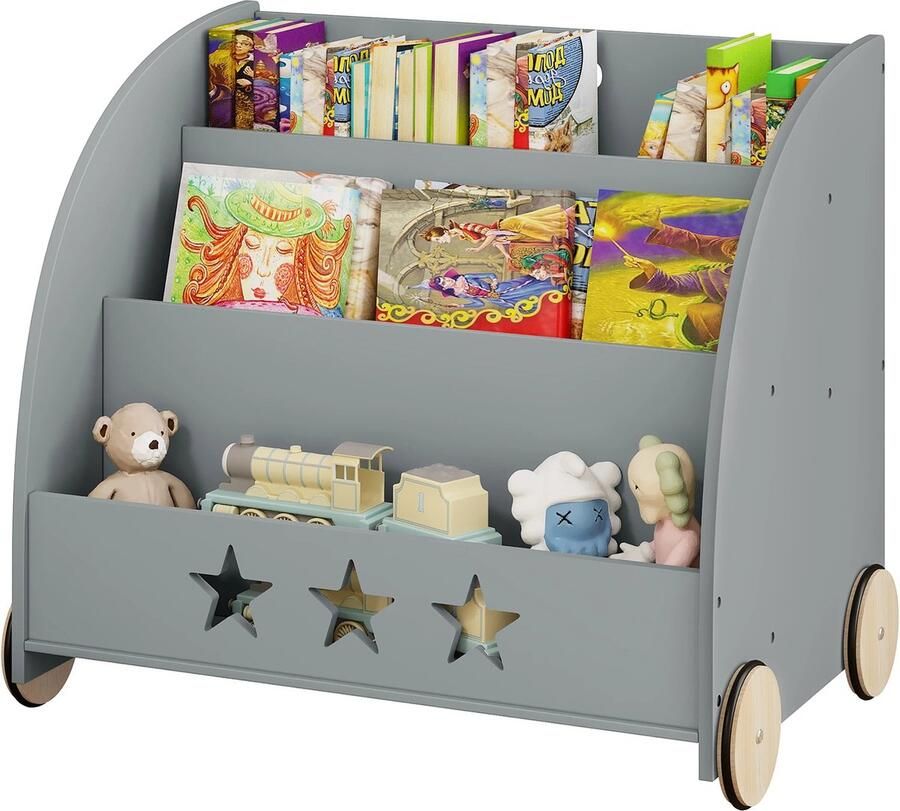 Grijs Multifunctionele Kinderboekenkast 4 Geruisloze Rubberen Wielen- Opslag- en Boekenplank- Praktische Boekenkast Boekenrek Speelgoedplank 3 Planken 62 x 42 x 57 Gezellige Sfeer in de kinderkamer te Creëren- Ruimte Efficiënt te Benutten MDF