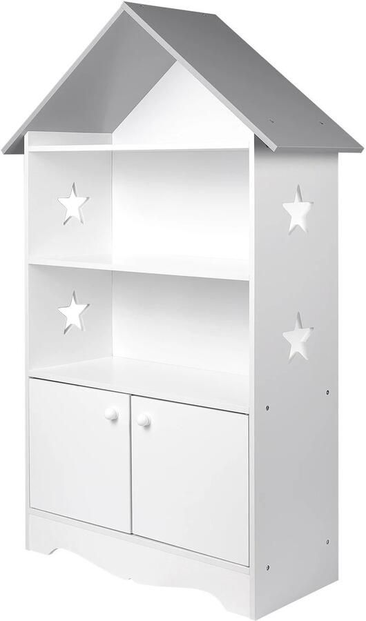 Kinderboekenkast – Boekenkast Kinderen – Wit Grijs – MDF – 62x27x115 cm – Met Deur & 3 Planken – Sterren Design – Veilig & Stabiel – Eenvoudige Montage