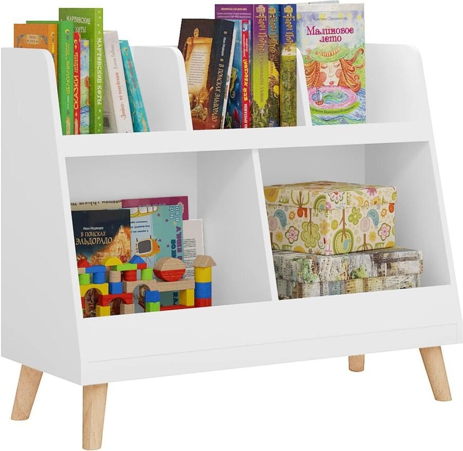 Kinderboekenkast en speelgoedrek – 5 open vakken op 2 niveaus wit 4 grenen poten 82 x 35 x 70 cm