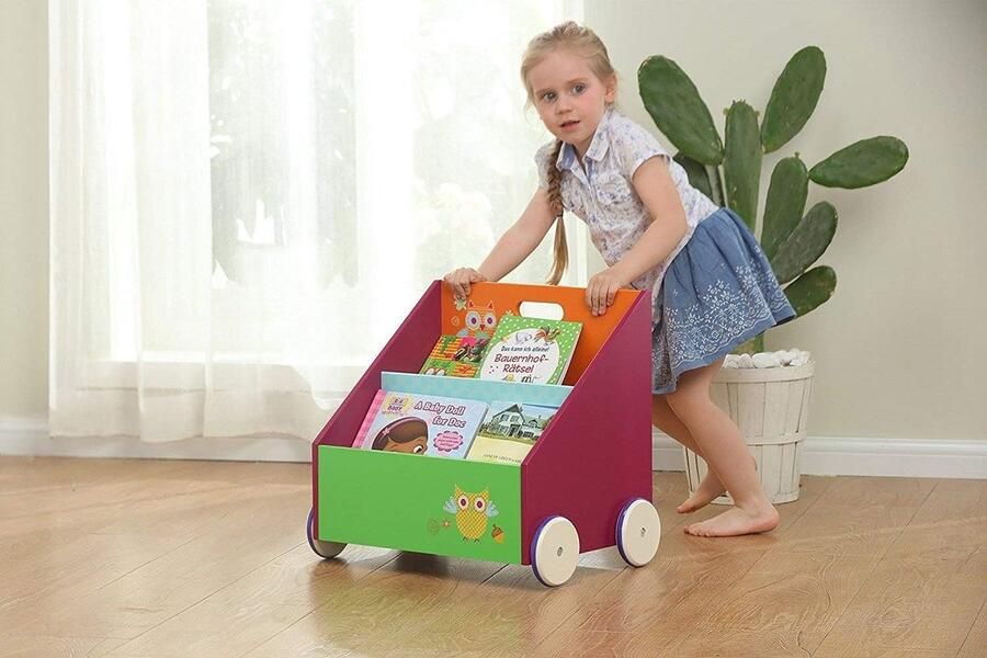 Kinderboekenkast kleine houten boekenplank met wielen 2-in-1 uil boekenplank voor kinderen 1-5 jaar kinderboekenplank opberging boekenplank boek gekleurde boekenkast