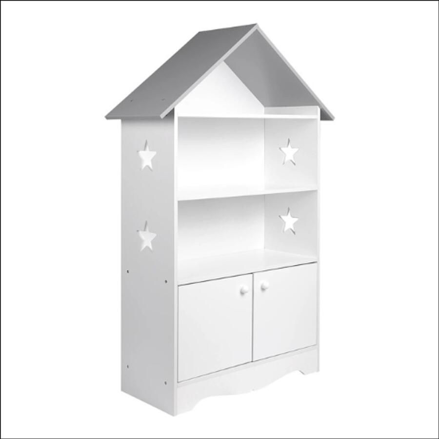 Kinderboekenkast met Deur – Boekenkast met Opbergvak – Kinderkast met Planken – Organizer voor Boeken Spelletjes en Speelgoed – Houten Boekrek – Wit & Grijs – 62x28x115 cm – Ruimtebesparend – Duurzaam & Veilig – Makkelijk te Monteren