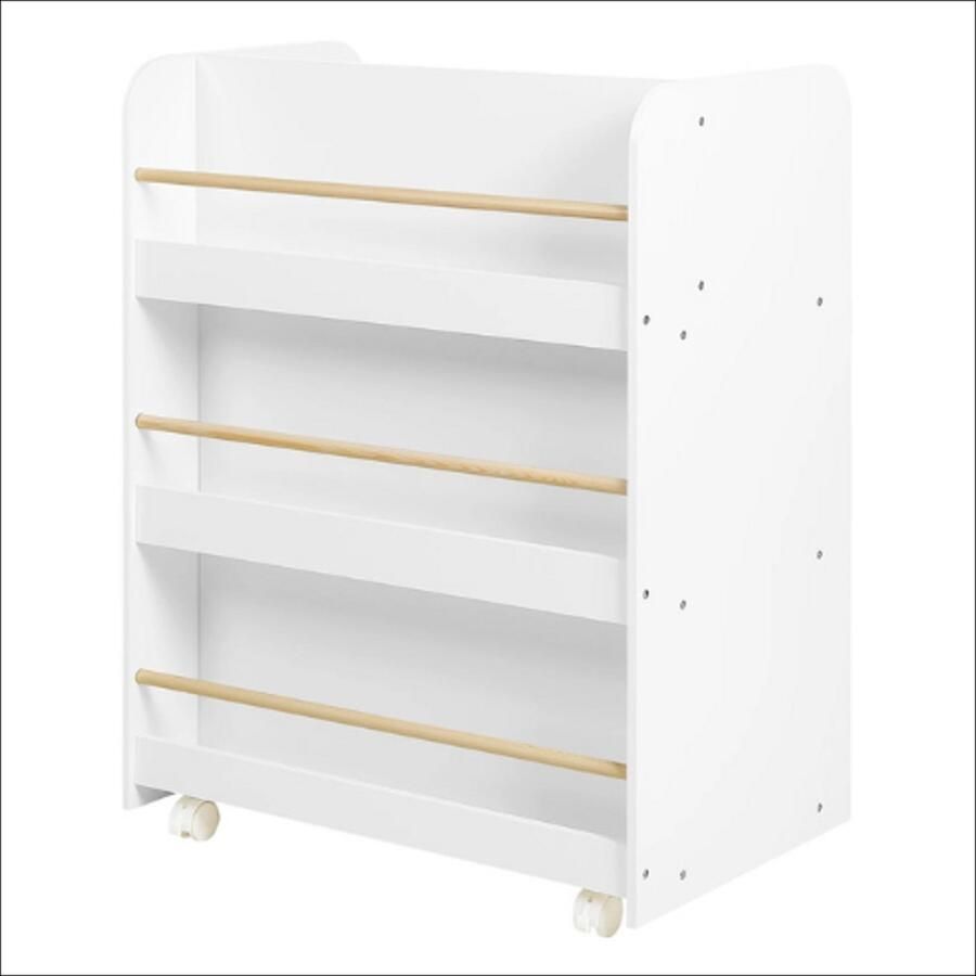 Kinderboekenkast op wielen Boekenkast met 2 zijden Inclusief opbergvakken 3-laags boekenrek Met houten stangen Afgeronde hoeken Voor kleuterschool en kinderkamer 62 5x82 5x40 cm Wit