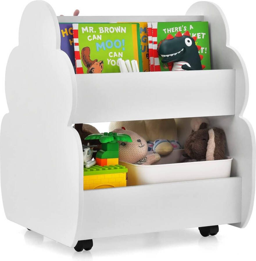 Kinderboekenkast op wieltjes 2 niveaus houten speelgoedrek 52 x 47 x 63 5 cm (wit)