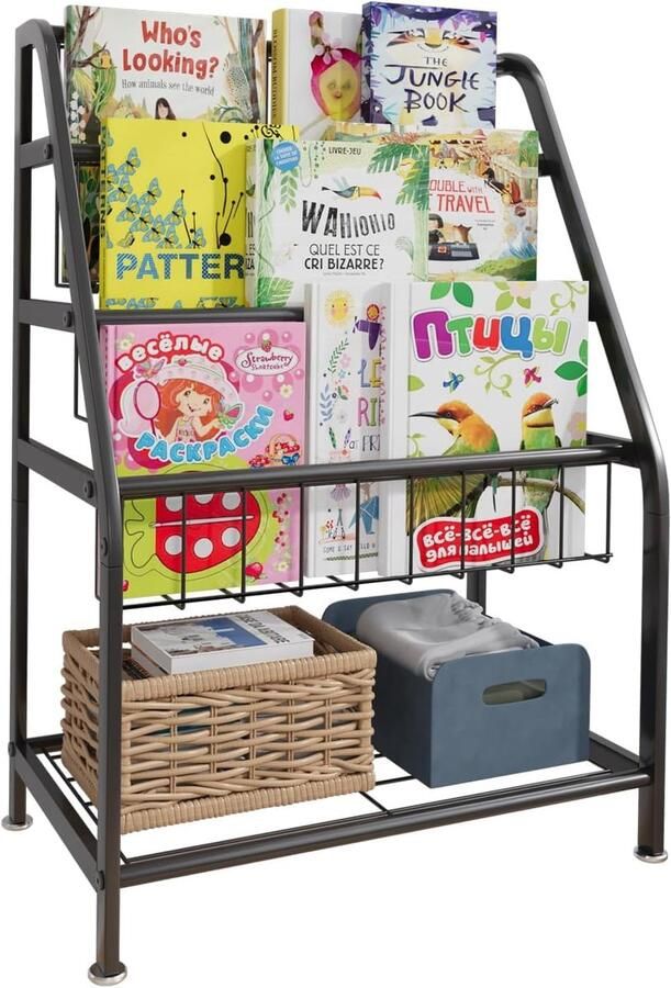 Unyqoos Kinderboekenkast met Drie Planken voor Speelgoed en Boeken in Zwarte Afwerking Ideaal voor Kinderkamer