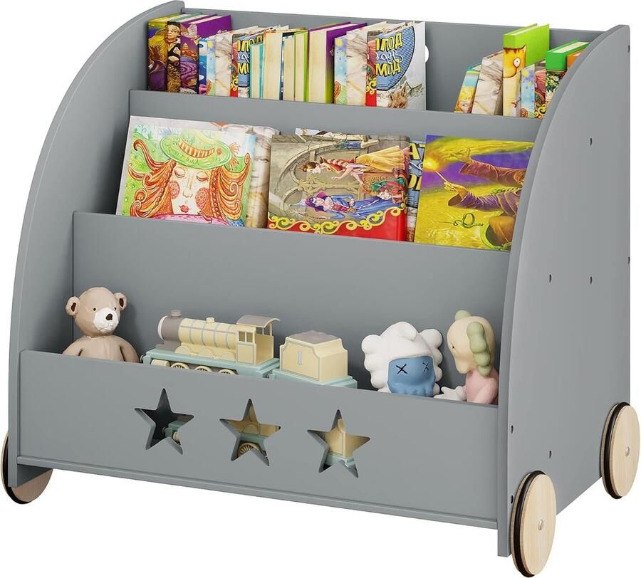 Kinderboekenkast van hout speelgoedrek met 3 niveaus organiseren voor boeken met wielen voor kinderkamer grijs