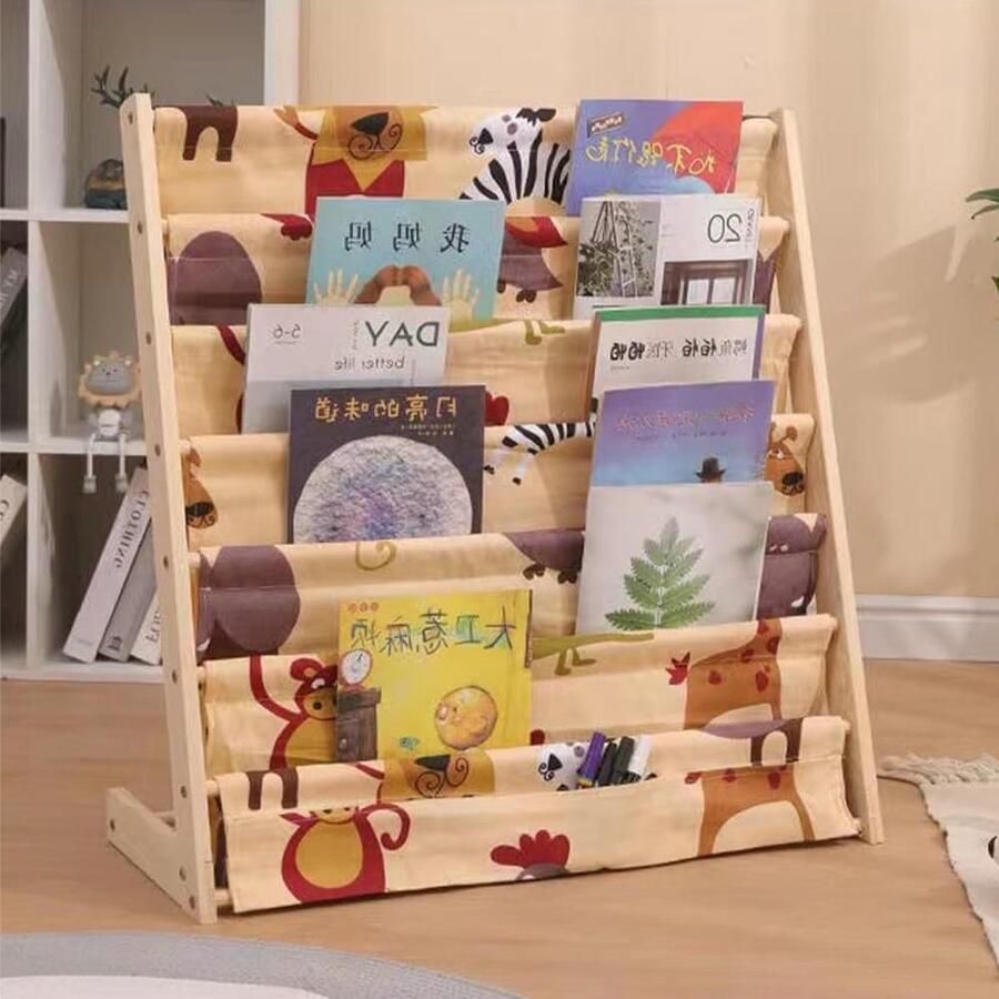 Kinderboekenkast van natuurlijk hout en canvas Ruimtebesparend 6 etages Afmetingen 60 x 30 x 80 cm Kinderkamer boekenkast comics spelletjes