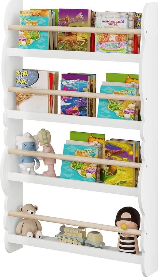 Kinderboekenkast wandplank boekenorganizer met 4 niveaus kinderboekopbergrek gemaakt van E1 MDF grenenhout voor kinderkamer speelkamer wit