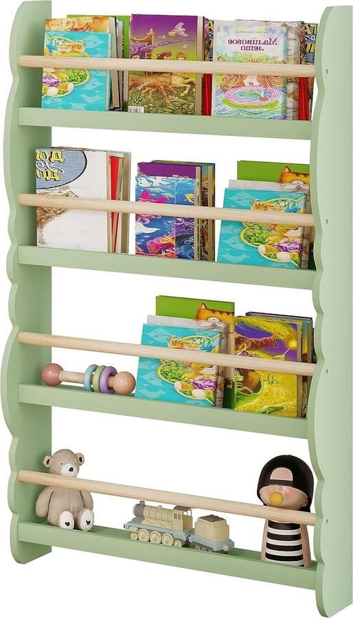 Kinderboekenkast wandplank boekenorganizer met 4 niveaus kinderboekopbergrek gemaakt van E1 MDF grenenhout voor kinderkamer speelkamer groen