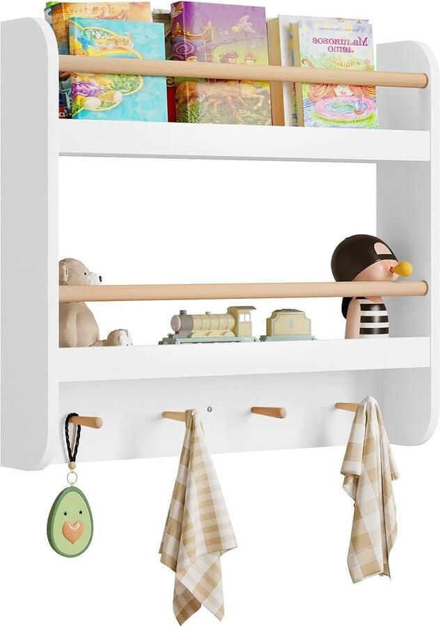 Kinderboekenkast wandrek kinderrek speelgoedrek opbergrek met 2 planken 4 haken rek voor boeken speelgoed voor kinderkamer 60 x 55 x 12 cm hout MDF wit