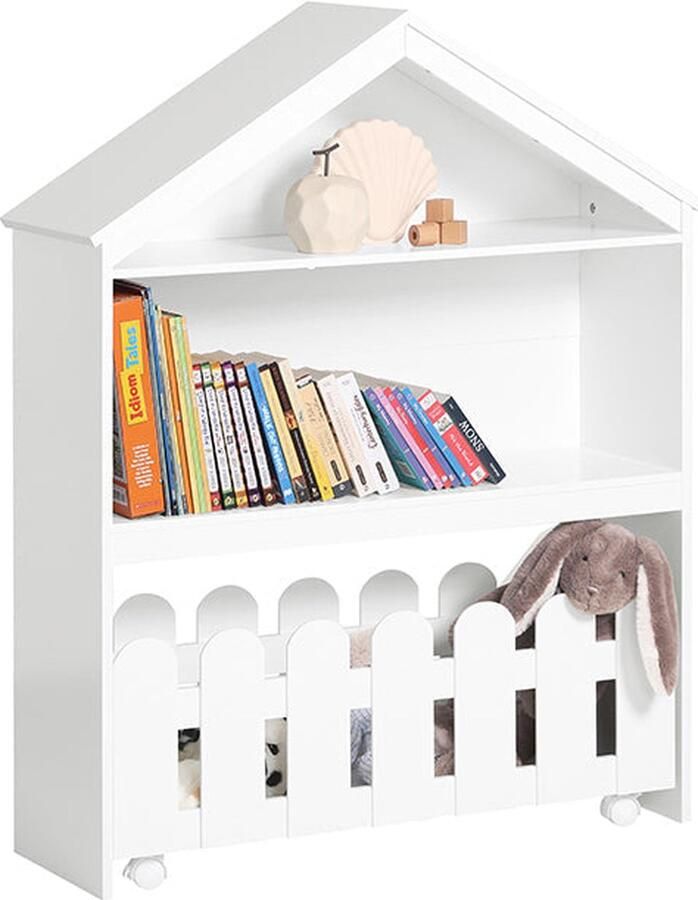 Rootz Living Rootz Kinderboekenplank en opbergwagen Verplaatsbare boekenkast Kinderplank met hekontwerp Voldoende opbergruimte Veilige wandbevestiging Verrijdbaar met afsluitbare wielen 91 cm x 114 cm x 30 cm