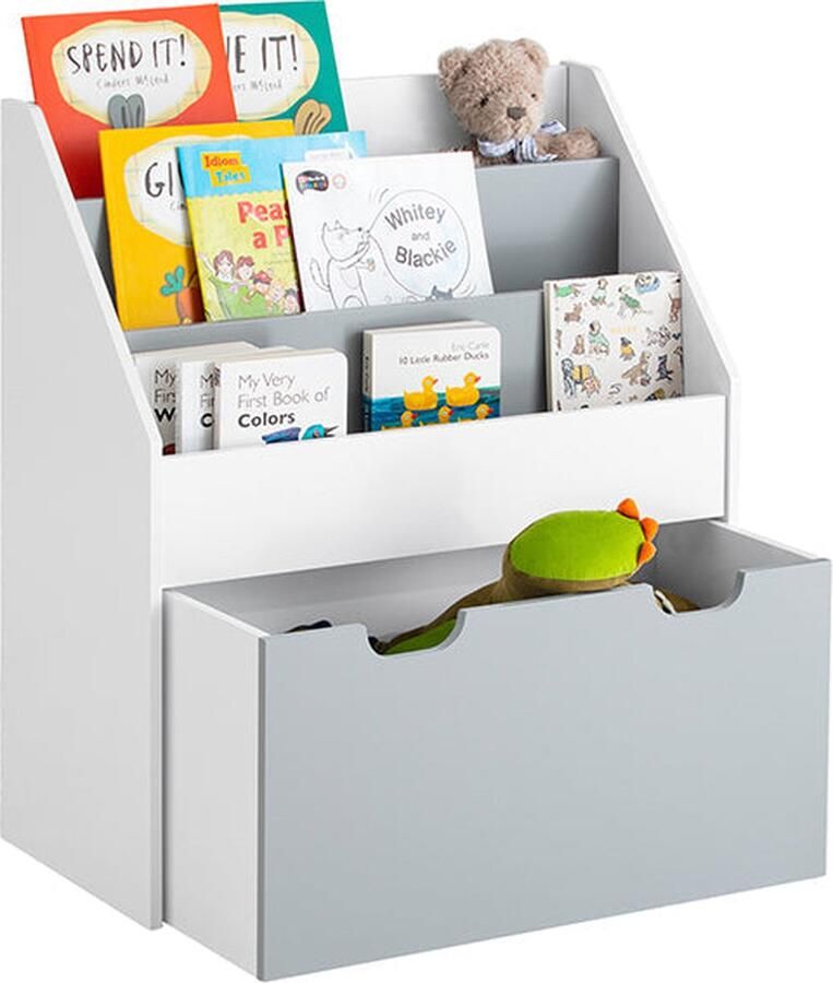 Rootz Living Rootz Kinderboekenplank met speelgoedkist Opbergorganisator Boekenkast MDF-materiaal Gemakkelijke toegang voor peuters Met wielen 62 5 cm x 70 cm x 30 cm