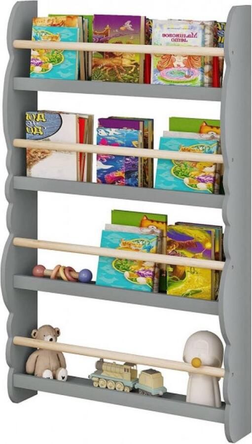 Kinderboekenrek Kinderboeken Plank Wandplank Kinderkamer Modern en Ruimte Besparend 4 Lagen B60.5xH98xD14.5CM MDF Grenen Grijs