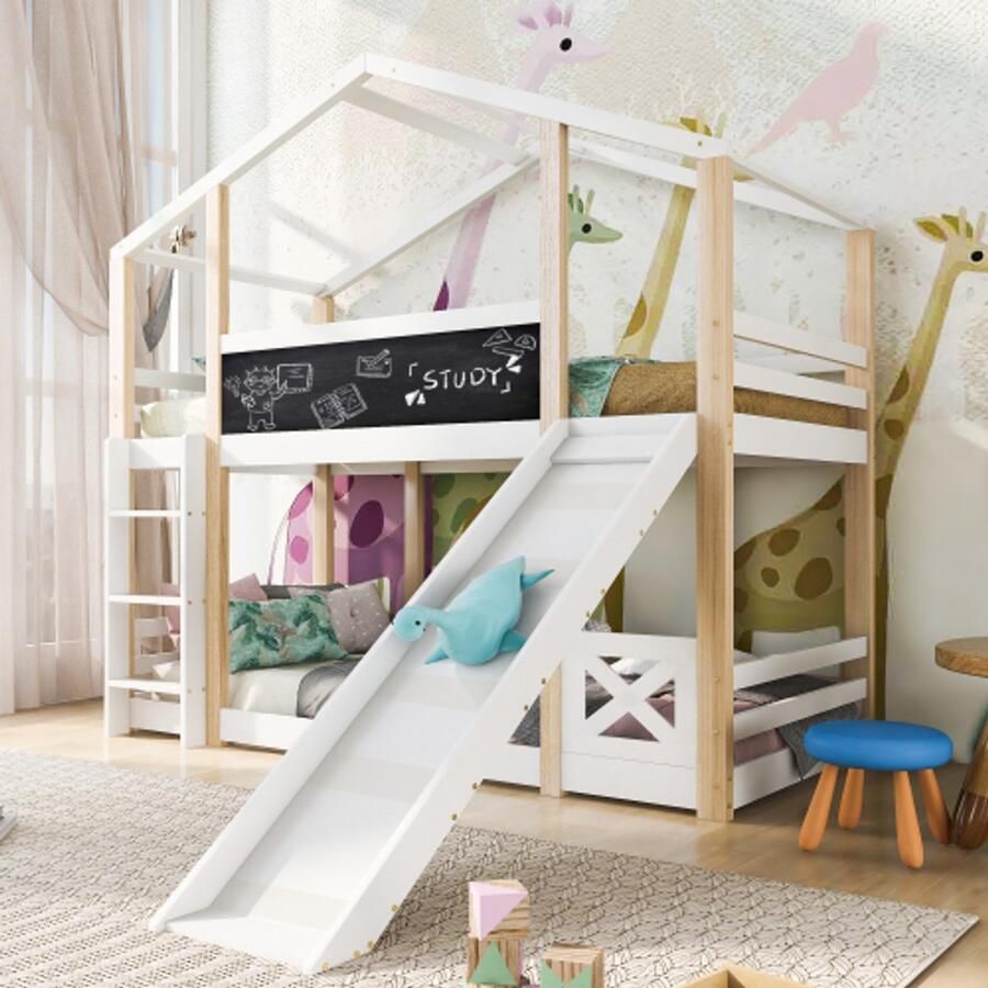 Kinderboomhutbed met glijbaan en ladder 90 x 200 cm hoogslaper voor kinderen – 2x lattenbodem – naturel en wit