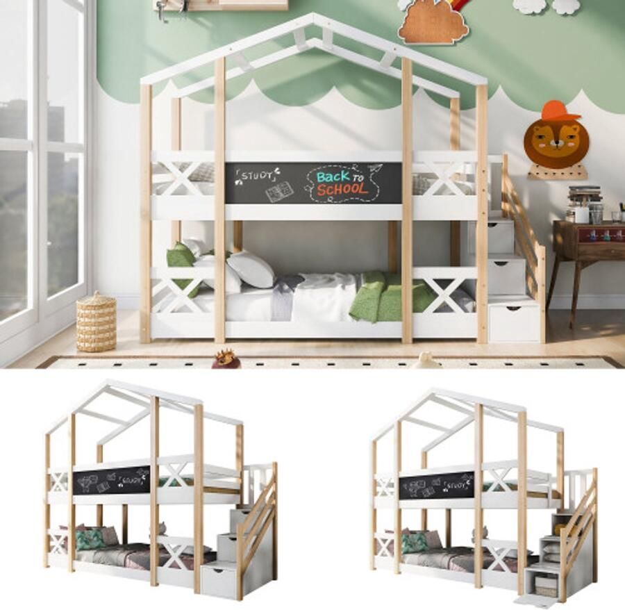 Kinderboomhutbed met opbergruimte en valbeveiliging 90 x 200 cm hoogslaper voor kinderen – 2x lattenbodem – naturel & wit