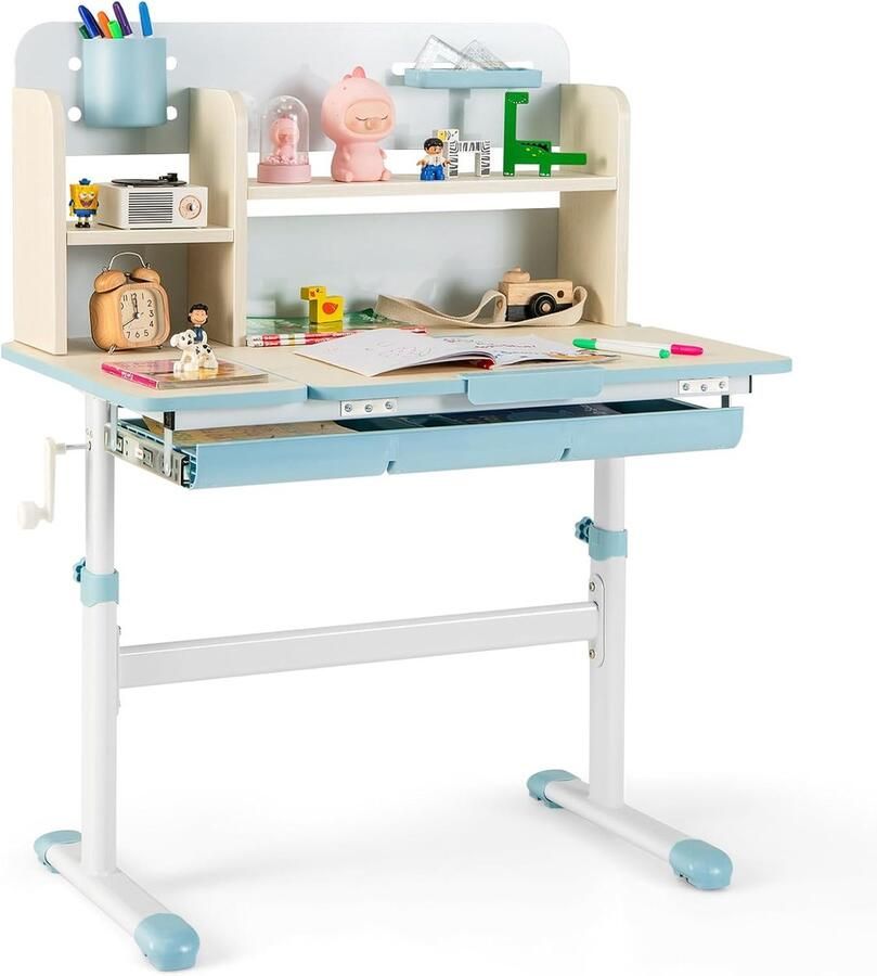Kinderbureau in hoogte verstelbaar bureau voor kinderen met kantelbaar tafelblad planken en lade jeugdbureau studentenbureau voor kinderen van 3 tot 12 jaar blauw